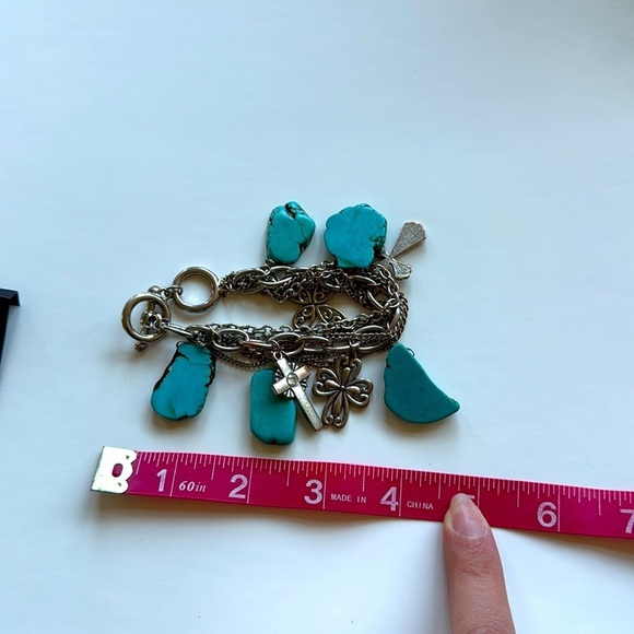 Vintage Y2K Faux Turquoise and Silver Cross Charm Bracelet and Earring Set - Picture 8 of 8